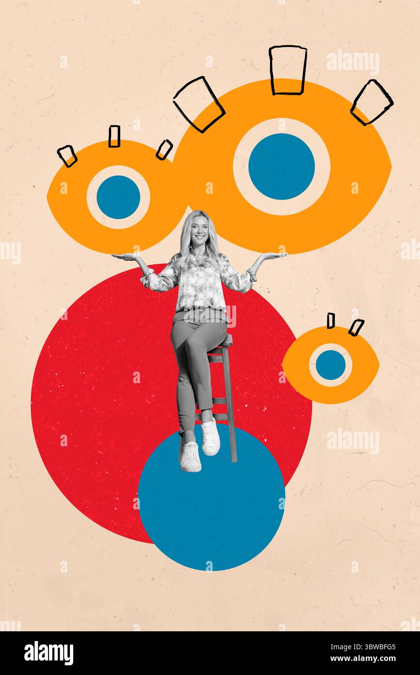 Collage of person standing under symbolic eye representing control ...