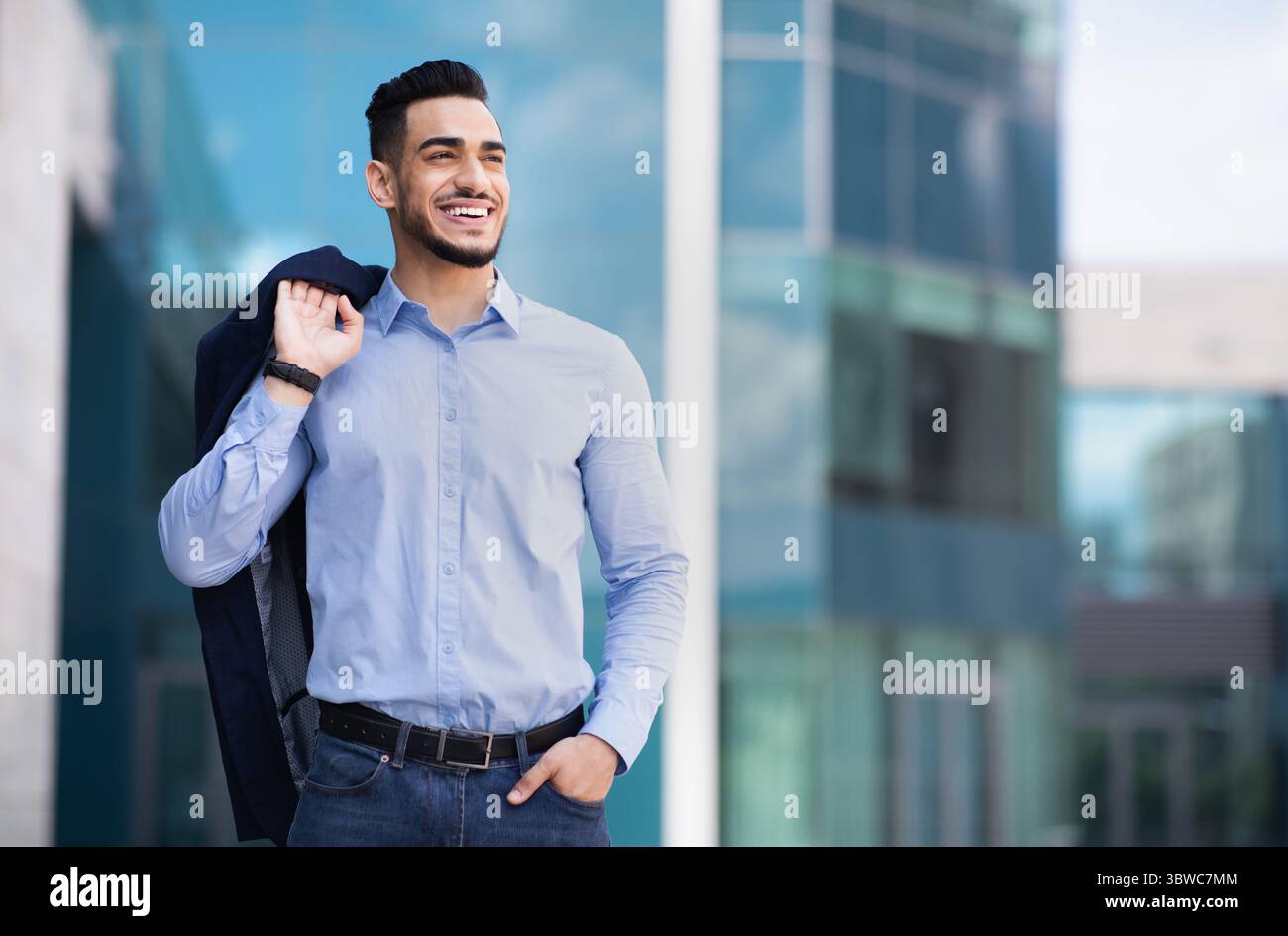 Happy muslim entrepreneur going home from job Stock Photo
