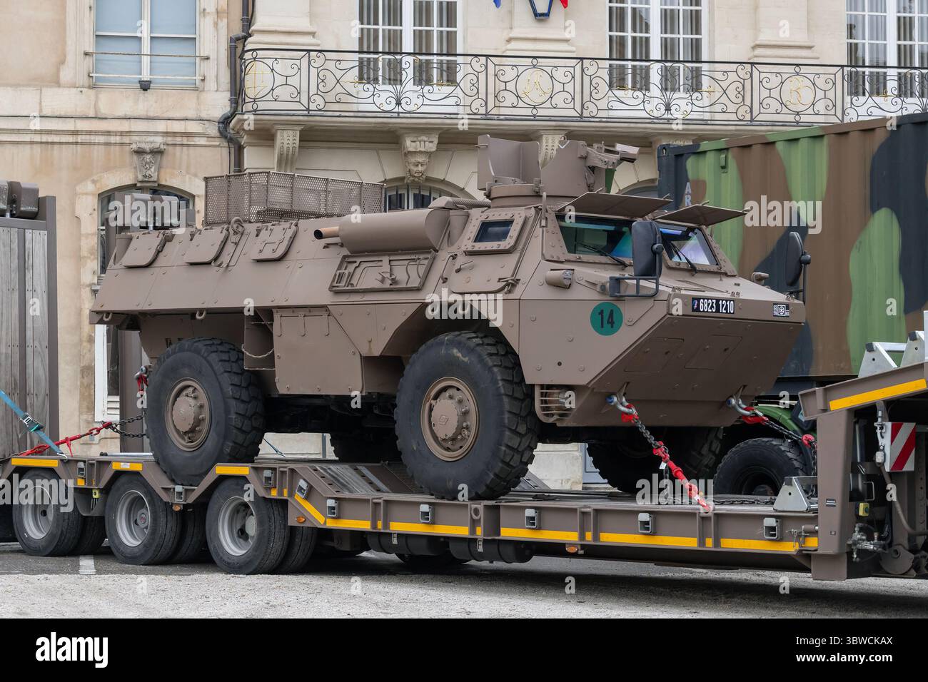 Nancy, France - View on a French Army armoured personnel carrier and support vehicle Véhicule de l'Avant Blindé on a trailer. Stock Photo