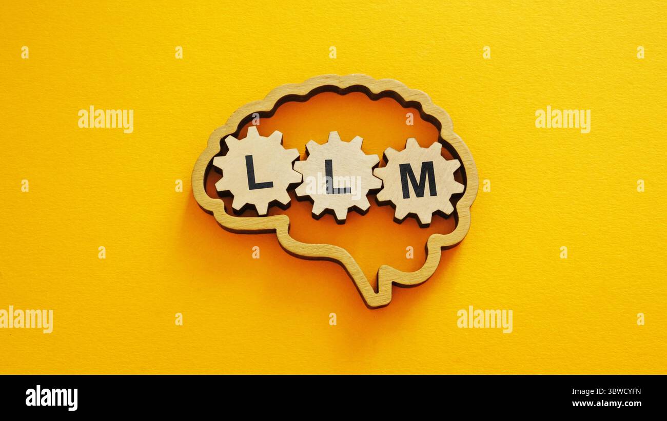 Brain and LLM abbreviation symbolizing artificial intelligence and language model technology. Stock Photo