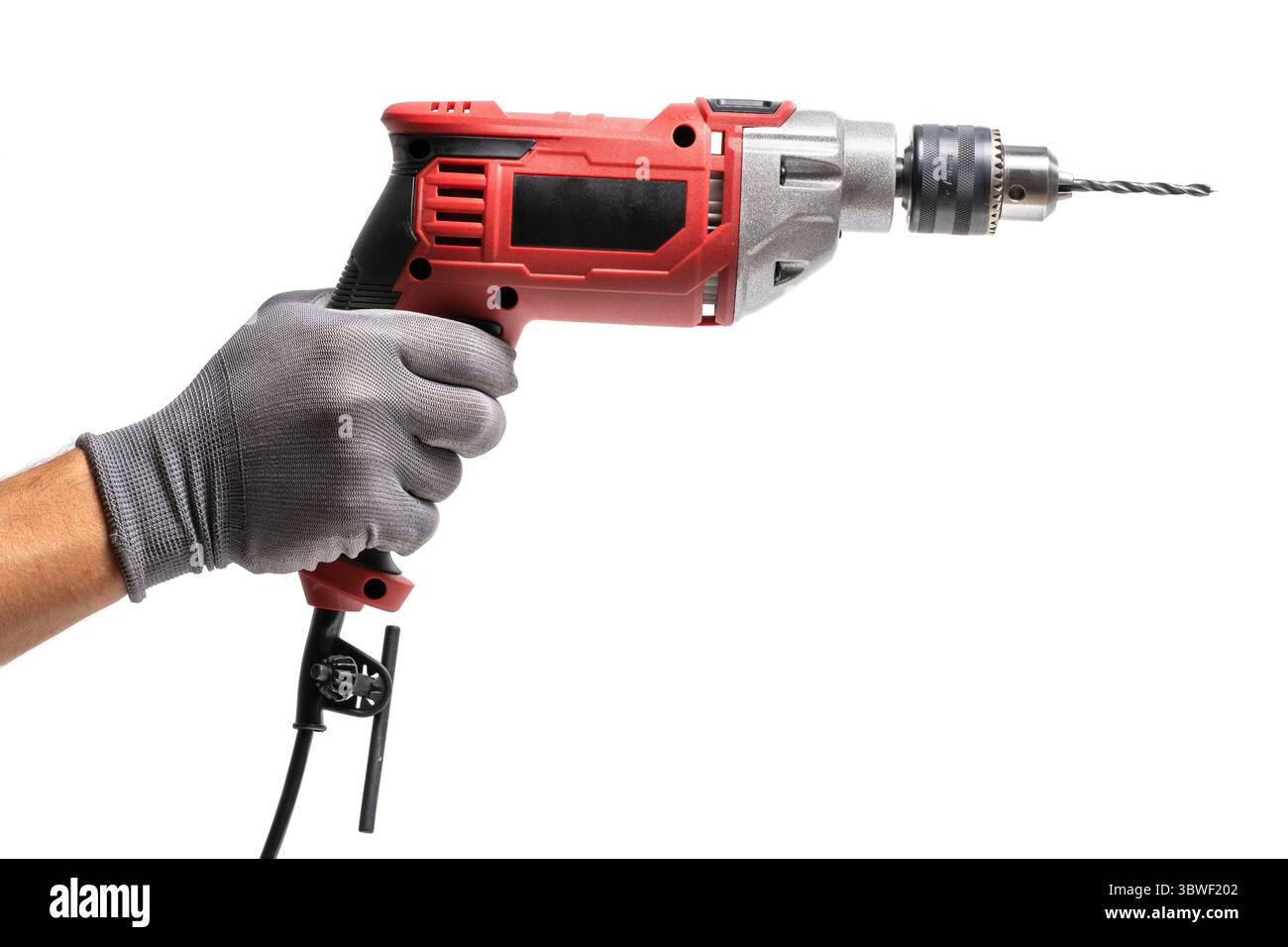Electric drill in hand isolated on white background Stock Photo