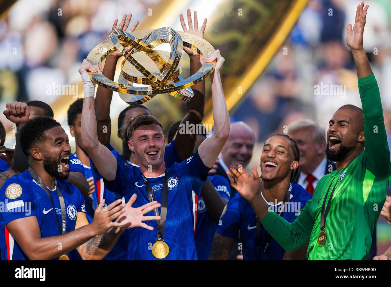 Chealsea Holding Cwc Cole Palmer of Chelsea FC lifts the trophy during the award ceremony ...