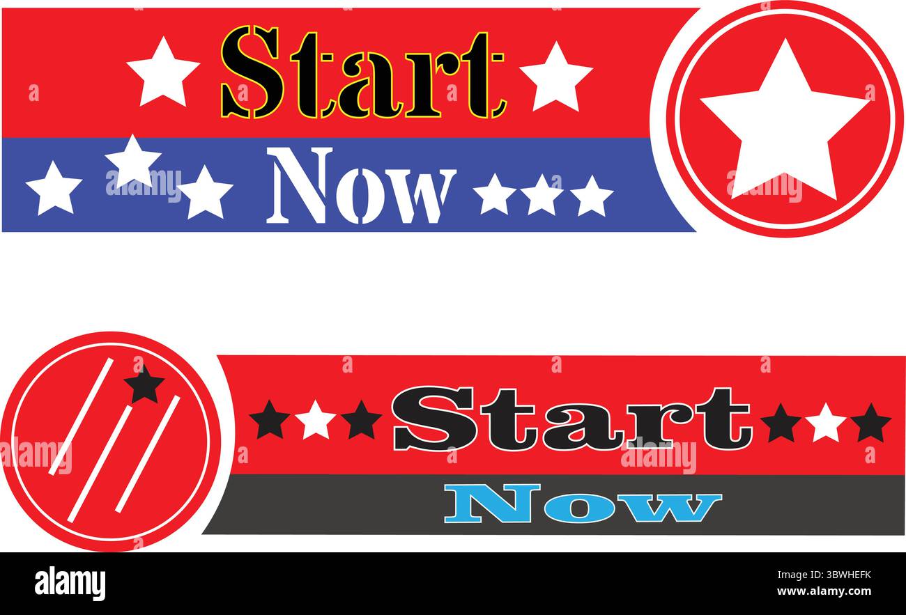 Colorful red white and blue retro start now banner label set for digital ads and promotions Stock Vector