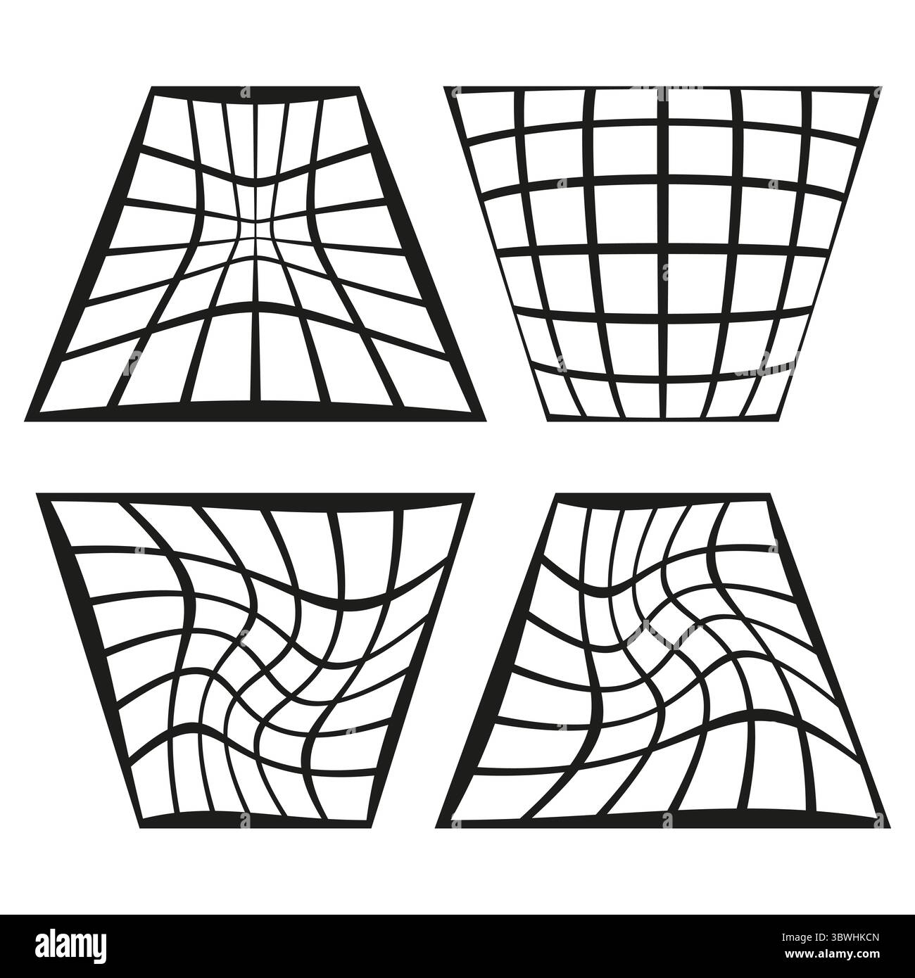 Distorted grid patterns. Abstract warped shapes. Geometric net designs. Vector graphic elements. EPS 10. Stock Vector