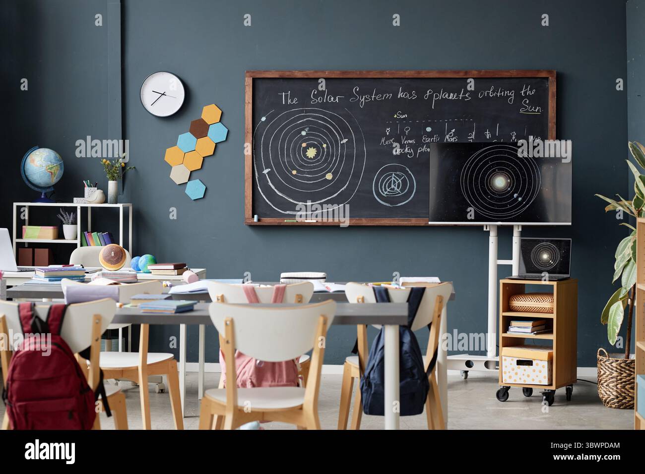 Solor System Desk Classroom interior showing empty desks and chairs with backpacks ...