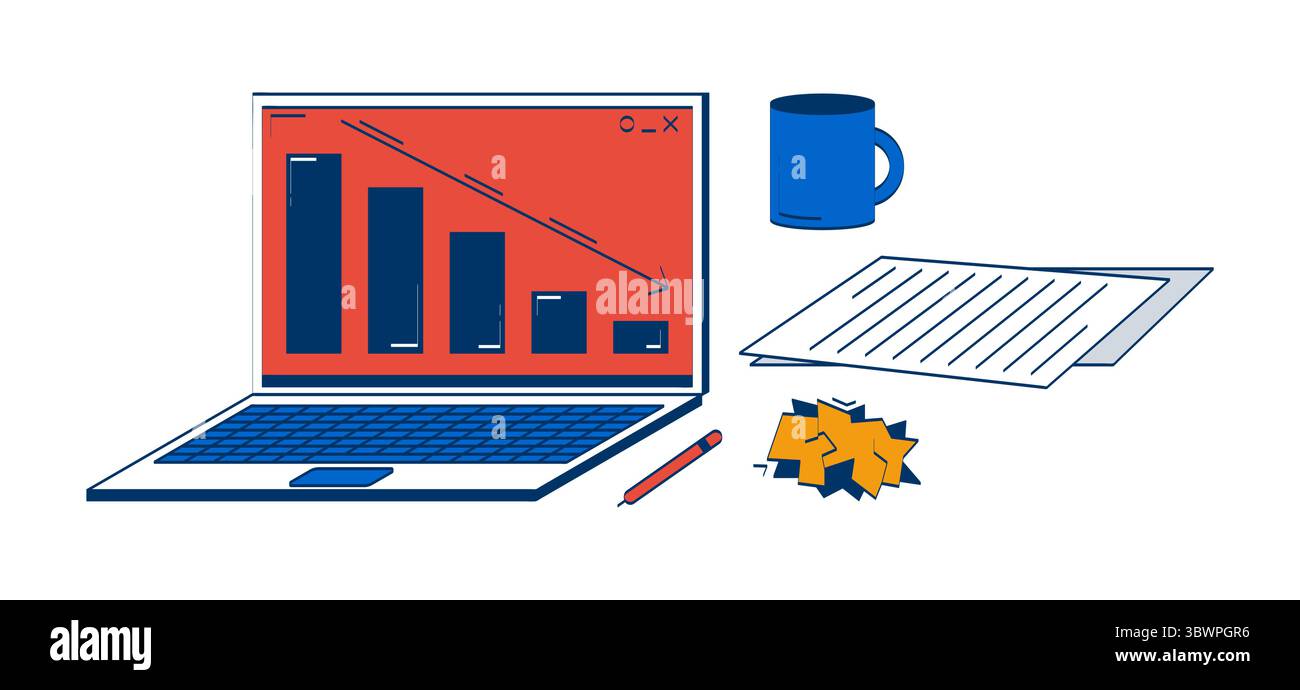 Laptop with declining graph and office supplies 2D doodle objects set Stock Vector