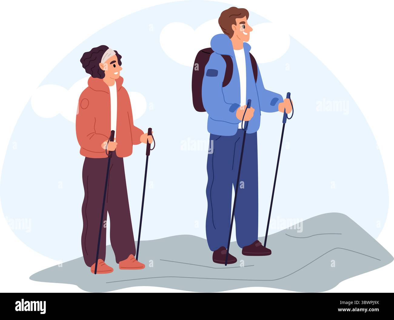 Man and woman traveling with backpacks and trekking poles through mountains. Hiking tourism. Adventure journey. Couple walking in nature. Rock climbin Stock Vector