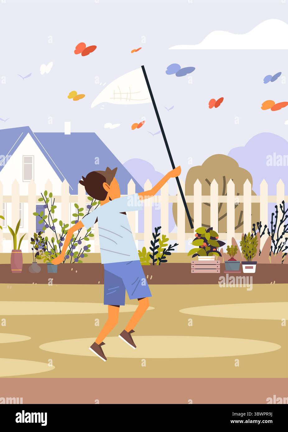 Boy catching butterflies outdoor summer activity backyard garden plants white fence blue house colorful insects playful scene Stock Vector