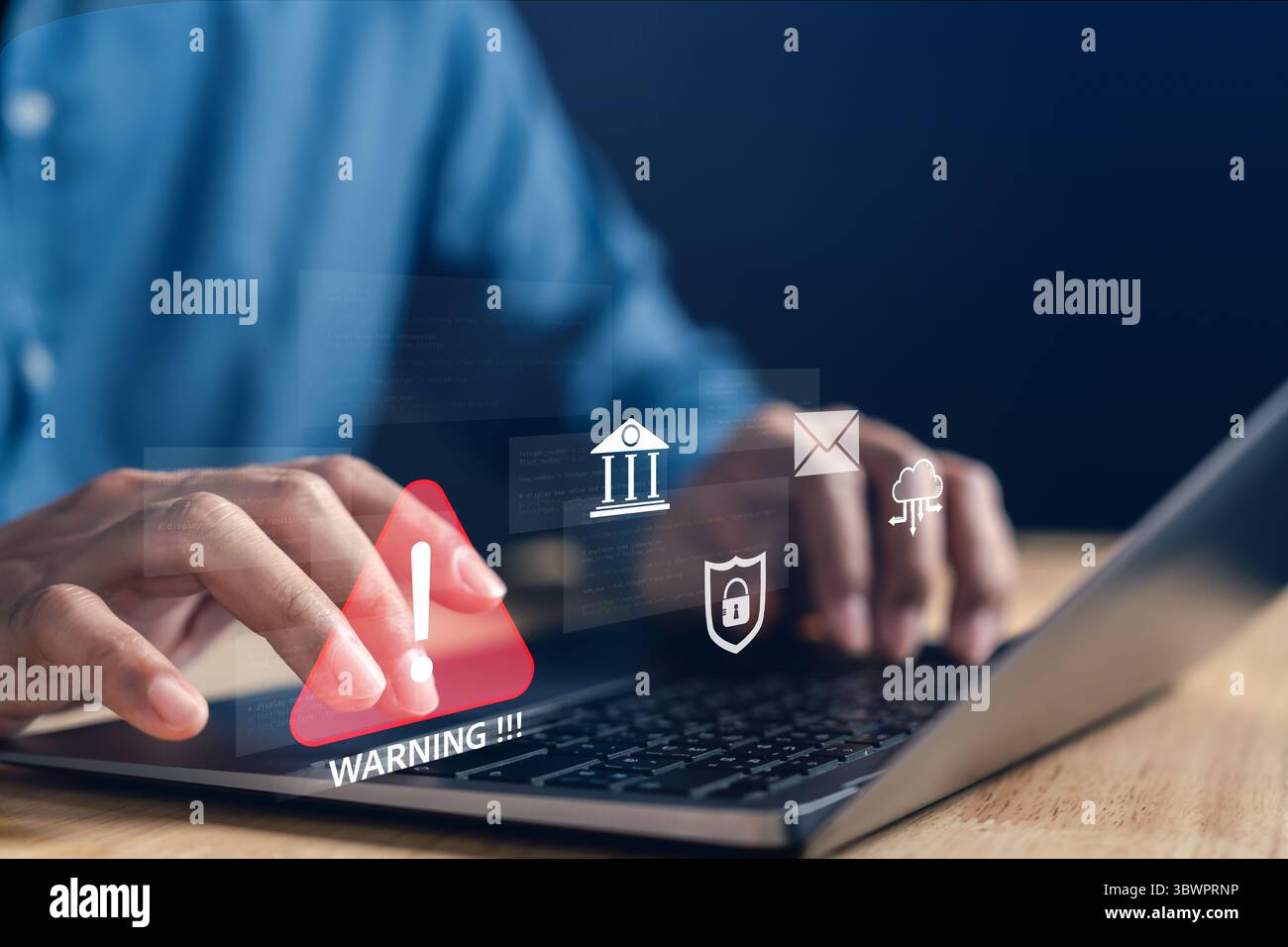 Warning data threat and cybersecurity alert hacking, security breach, and cloud risk, emphasizing Stock Photo