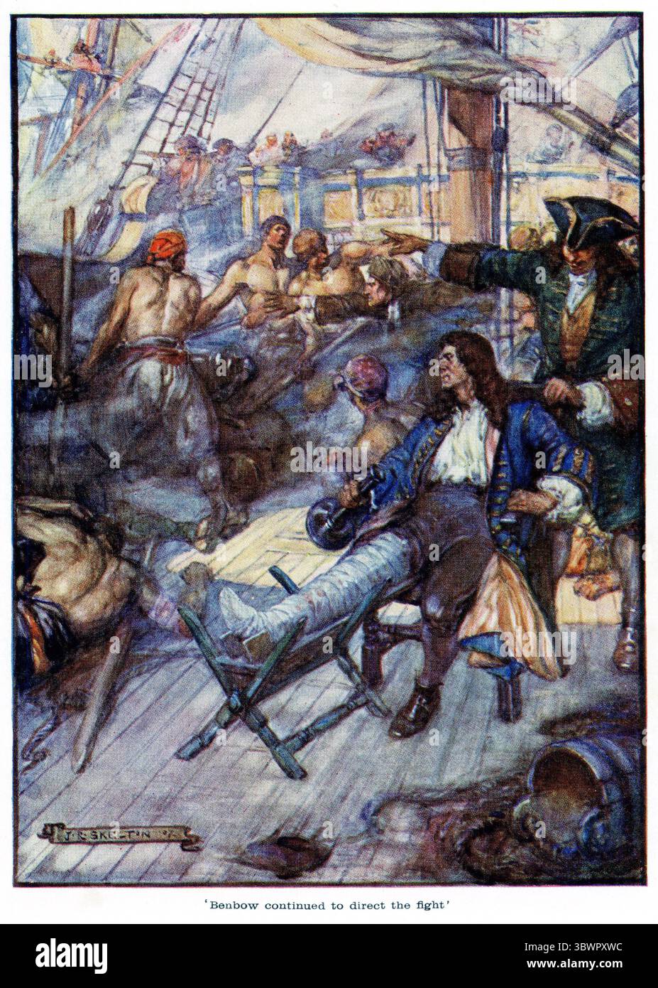 Captain John Benbow continues to direct the fight while wounded until his crew overcame the French off Jamaica Stock Photo