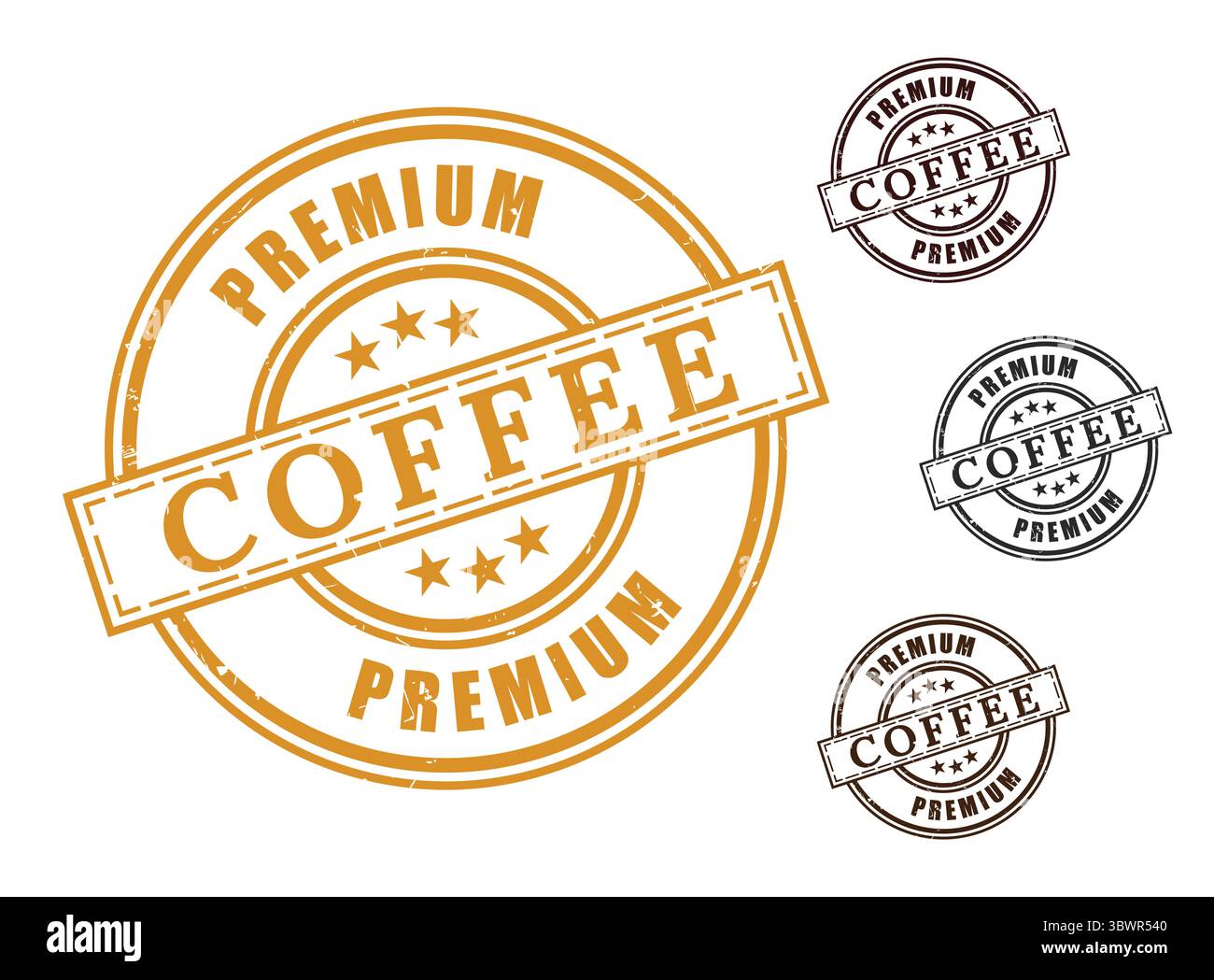 A Premium Coffee Certified Stamp Collection, Grunge Rubber Artisan Brew Label Set Stock Vector