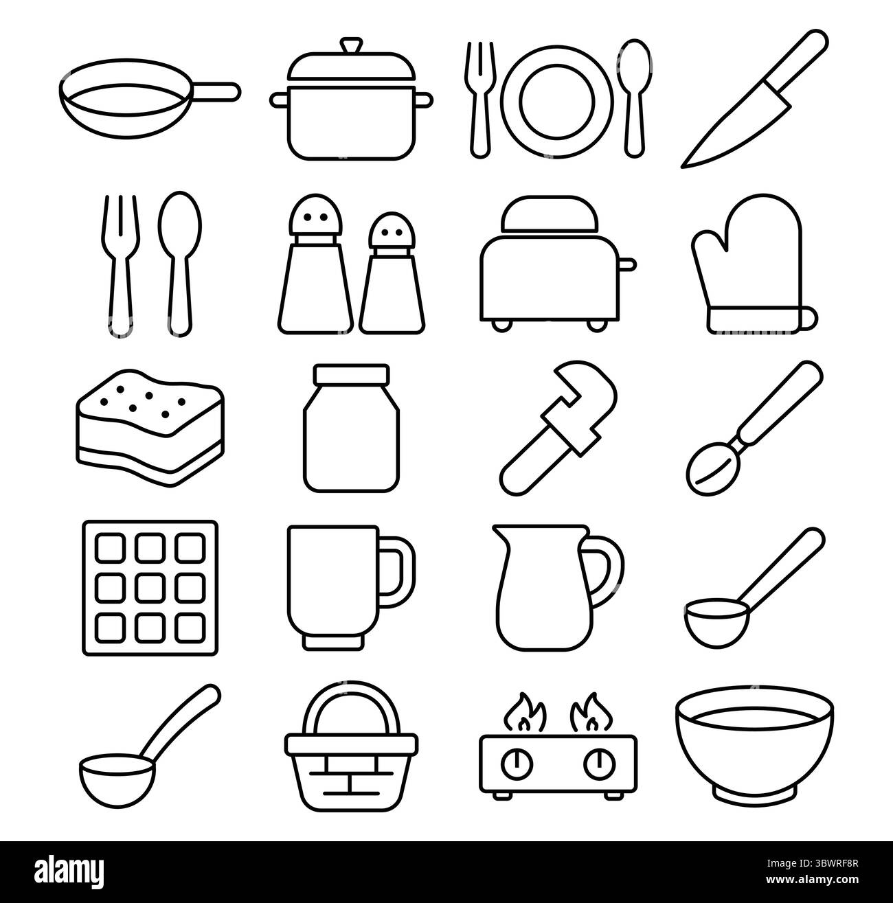 Kitchen Utensils and Cooking Tools Icons in Simple Line Art Style Stock ...