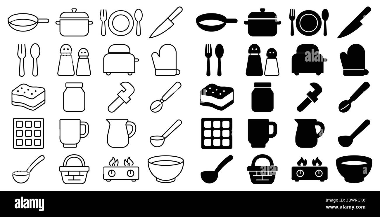 Kitchen utensils and cookware icons in black and white for design ...