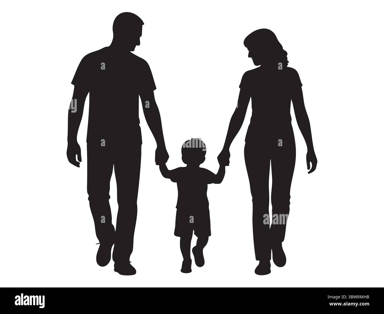 Black silhouette of man, woman, and child holding hands on white ...