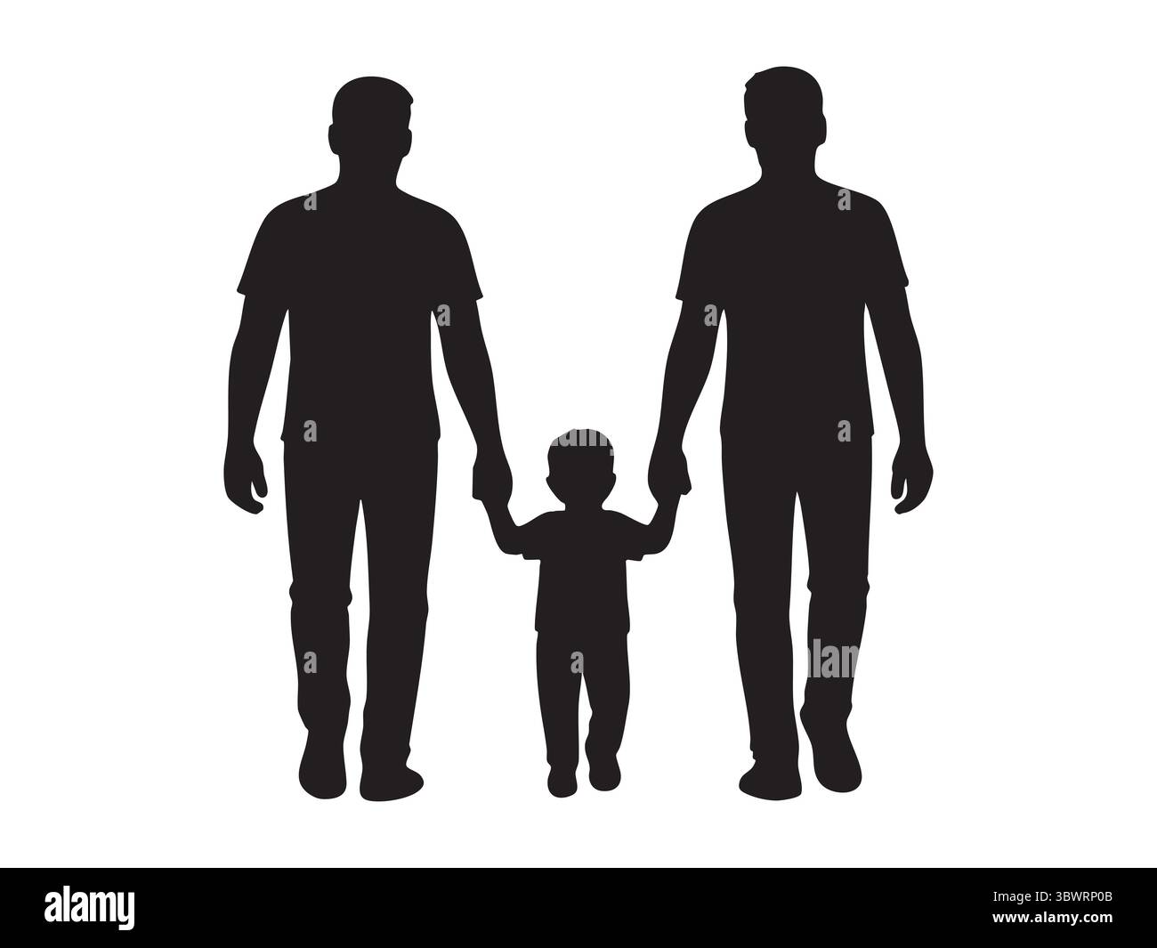 Black silhouette of two men holding hands with child, isolated on white ...