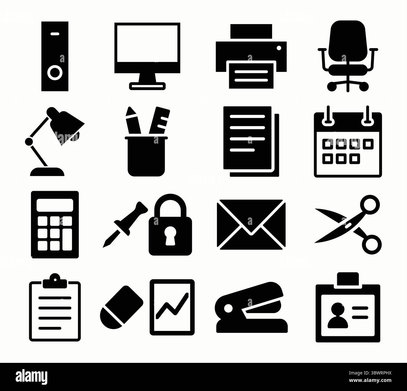 A collection of black and white icons representing various office ...