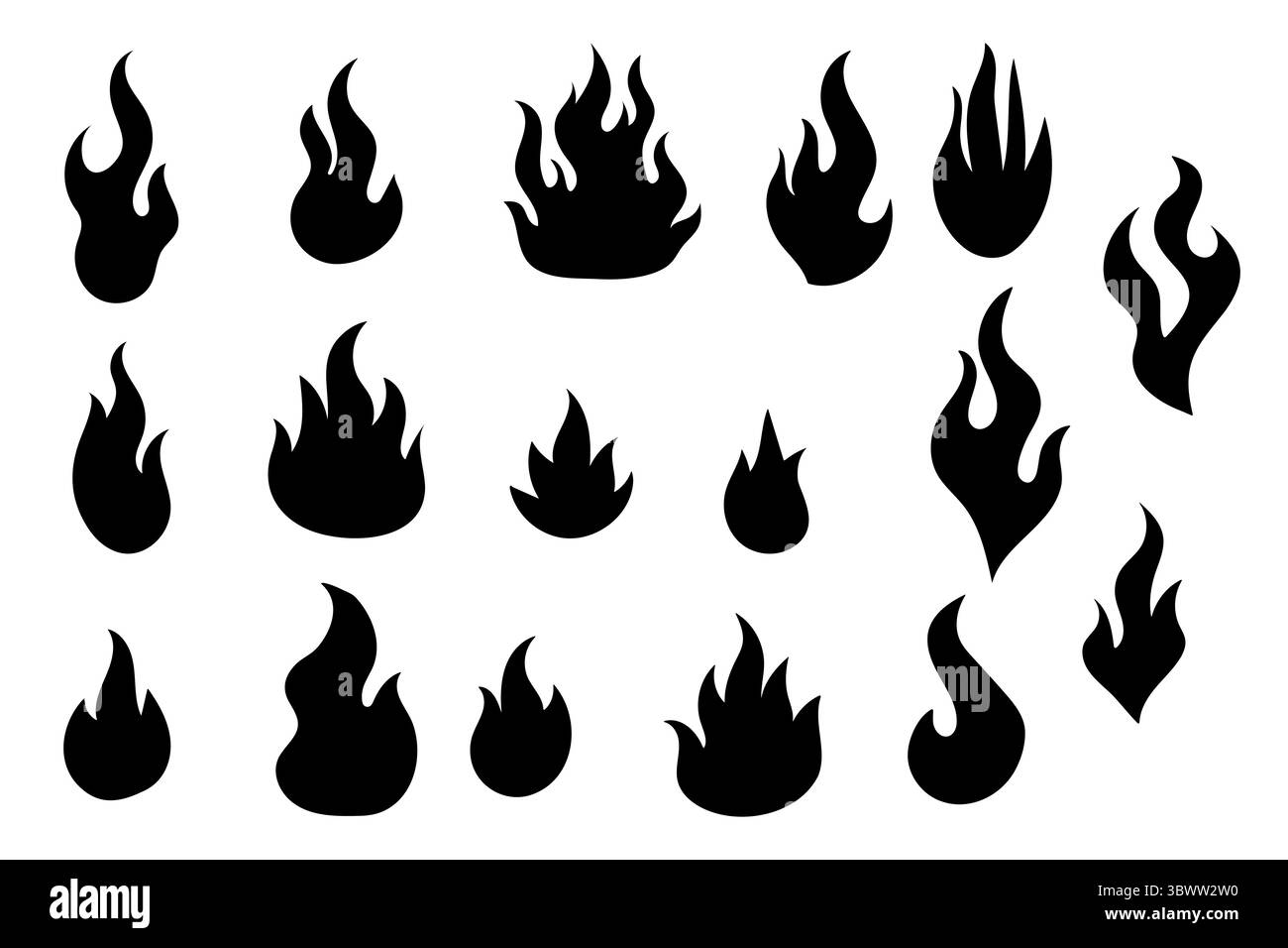 Collection of stylized black fire flame icons in flat silhouette style ...