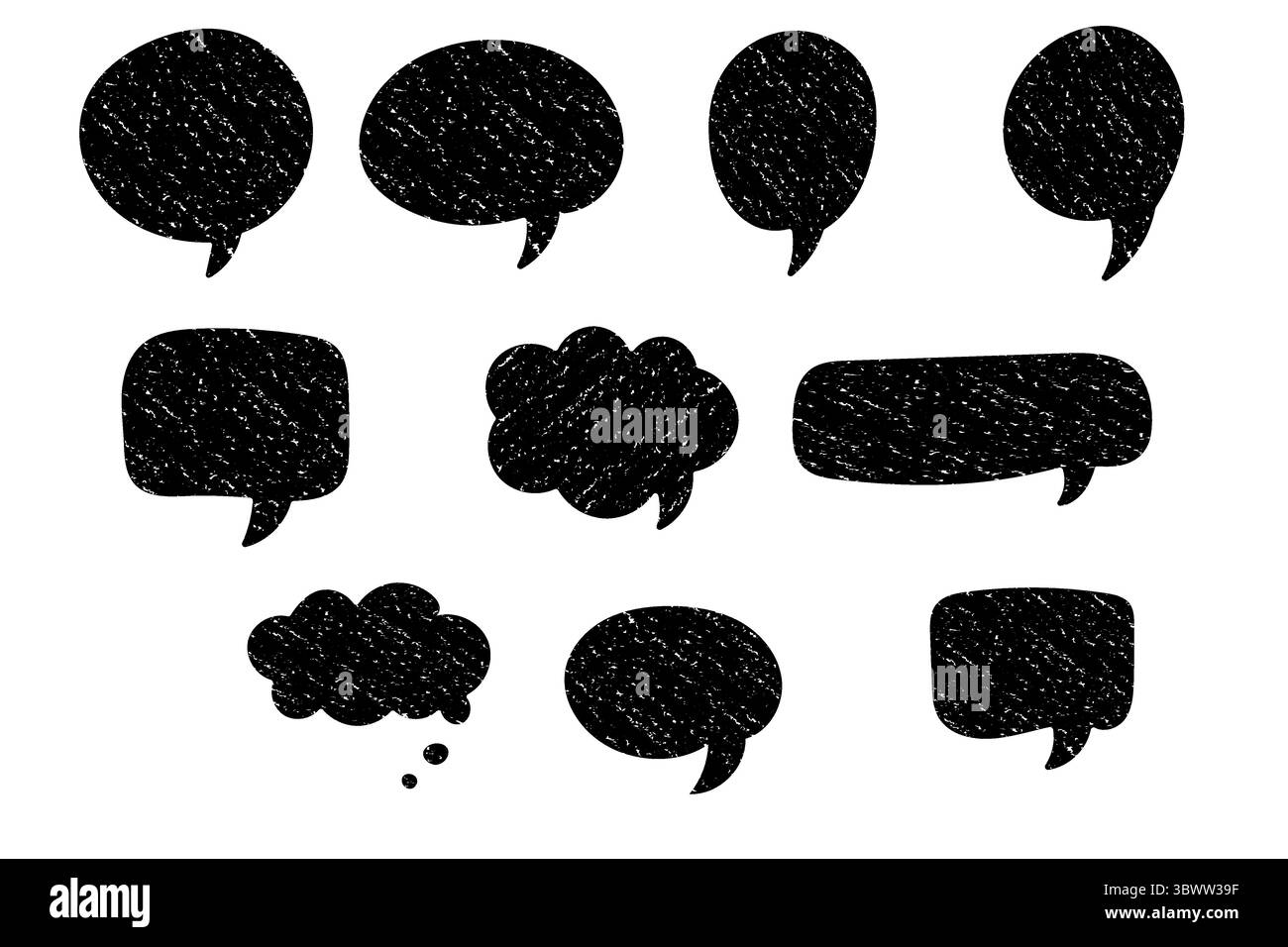 Solid black cartoon speech and thought bubbles with white chalk texture. Grunge style comic elements for dialogue and expression. Stock Vector
