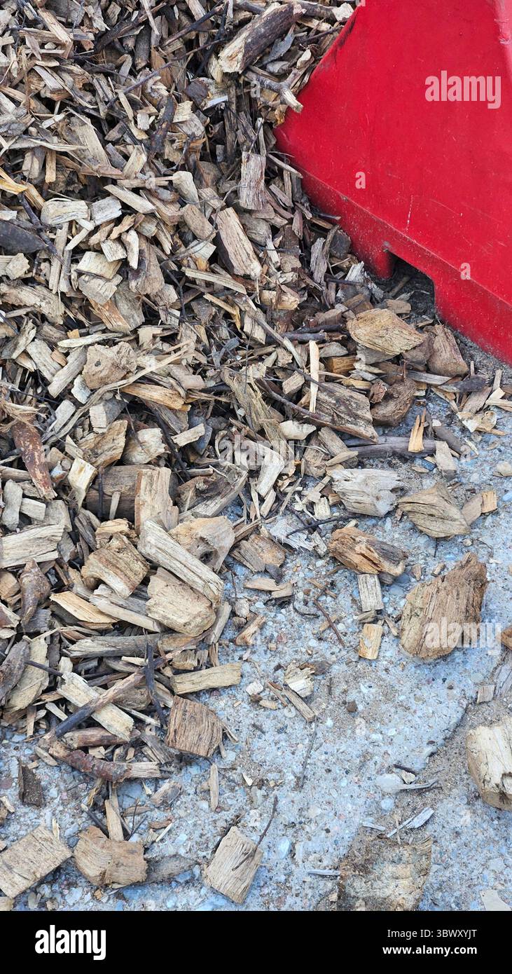 Wood Chips and Red Barrier - Smartphone Captured Stock Image