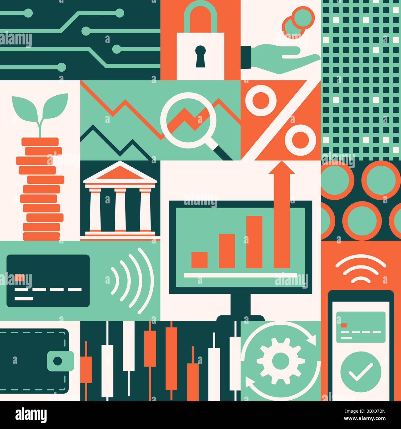 Finance, business and technology geometric background with icons, seamless pattern Stock Vector