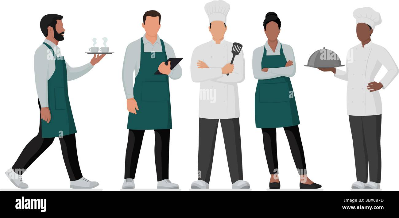 Professional kitchen staff and restaurant workers posing together: cooks and waiters, isolated Stock Vector