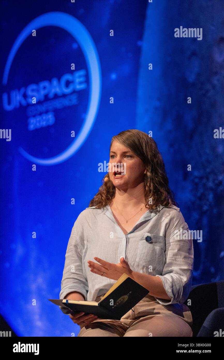 Prof Anna Hogg, University of Leeds. Day two at UKSpace 2025 saw astronaut Tim Peake join the team from Vigil Big to discuss solar storms,  that lit up the skies with stunning auroras across Europe in 2024 and their  potential to disrupt power grids, communications and satellites. Talks showcased the tangible, real-world value of space to UK regions, industries, and people - from UK-based spaceports and microgravity research to health innovation and environmental science. Manchester Central, Manchester UK. Picture: garyroberts/worldwidefeatures Stock Photo
