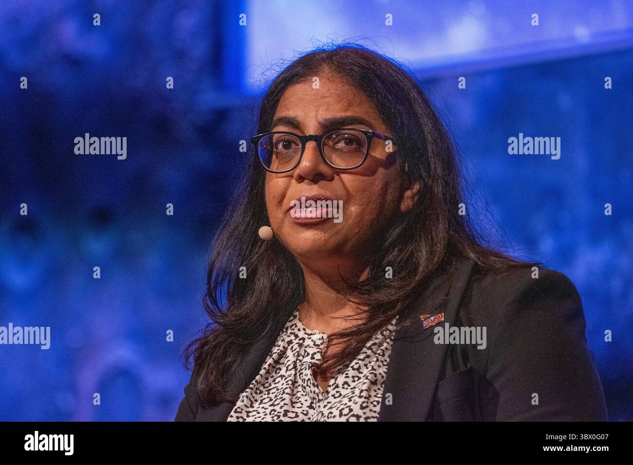 Dr. Nafeesa Dajda Chief of Missions Satellite Applications Catapult. Day two at UKSpace 2025 saw astronaut Tim Peake join the team from Vigil Big to discuss solar storms,  that lit up the skies with stunning auroras across Europe in 2024 and their  potential to disrupt power grids, communications and satellites. Talks showcased the tangible, real-world value of space to UK regions, industries, and people - from UK-based spaceports and microgravity research to health innovation and environmental science. Manchester Central, Manchester UK. Picture: garyroberts/worldwidefeatures Stock Photo