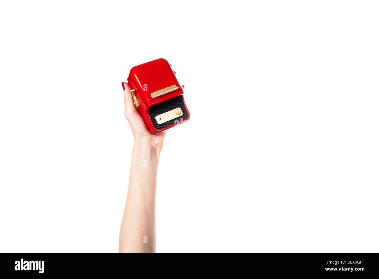 Small red printer for printing labels isolated on white background. Stock Photo