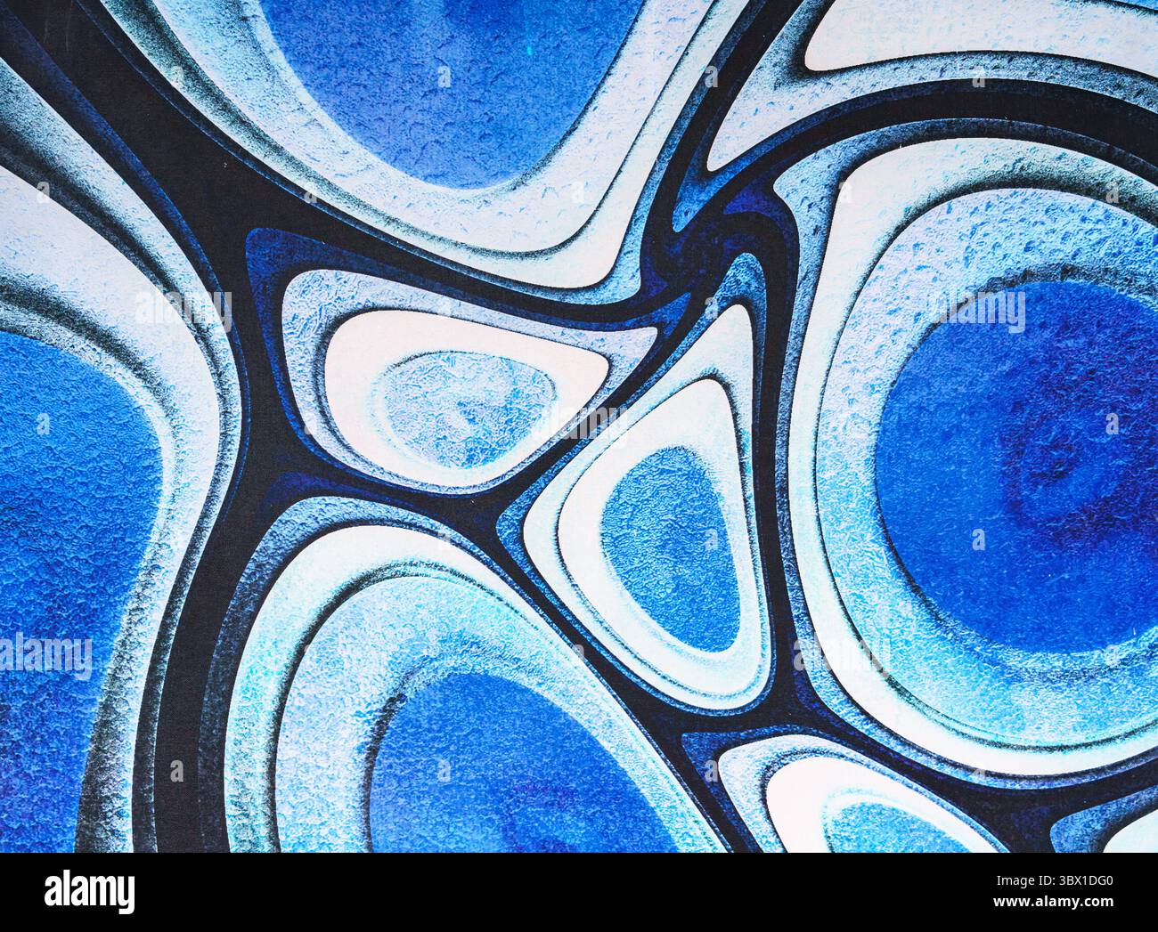 Abstract artwork featuring layered blue and white ovals with dark outlines, creating a fluid, cell-like pattern with a sense of depth and movement. Stock Photo