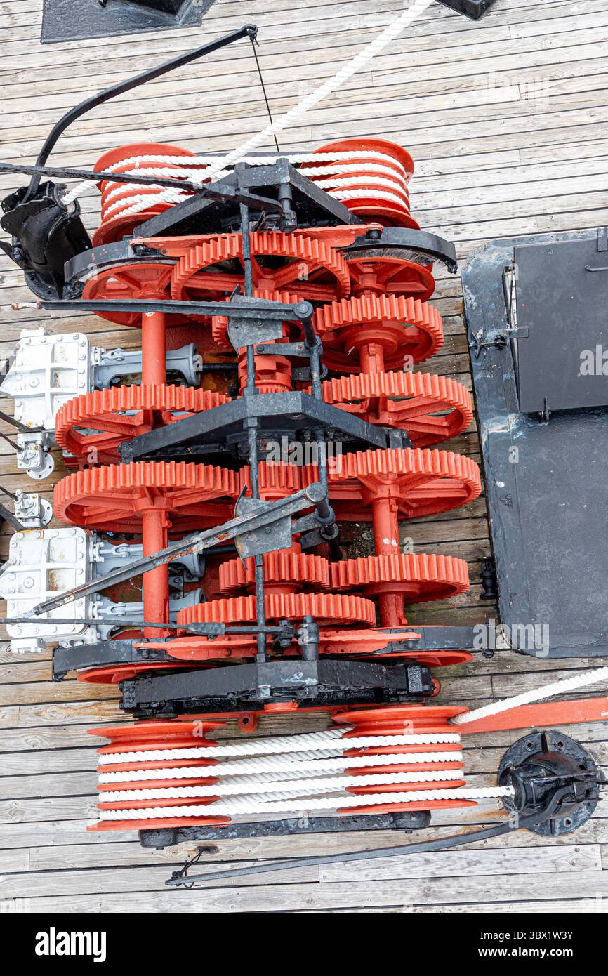 Winching gear on the fore deck of Cheynes IV whale chasing ship at Albany's Historic Whaling Station, Torndirrup in the Shire of Denmark, Great Southe Stock Photo