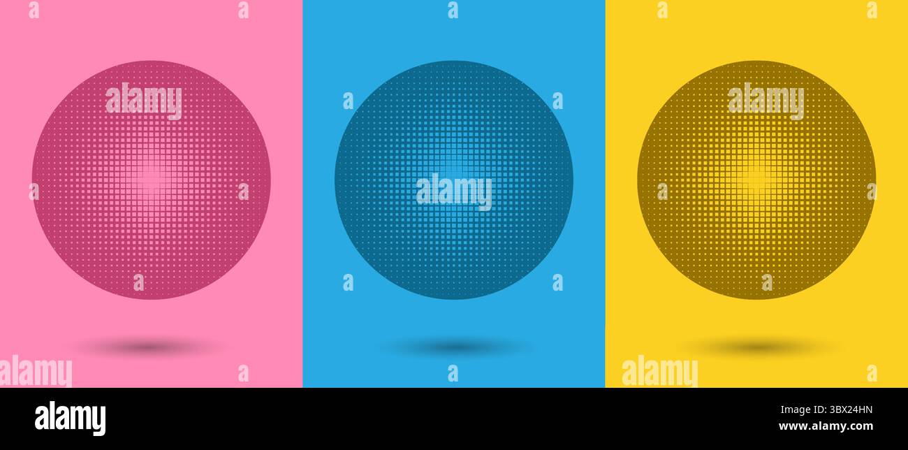 A set of spheres with gradient halftone dots and shadows on a pink, blue and yellow background. Stock Vector
