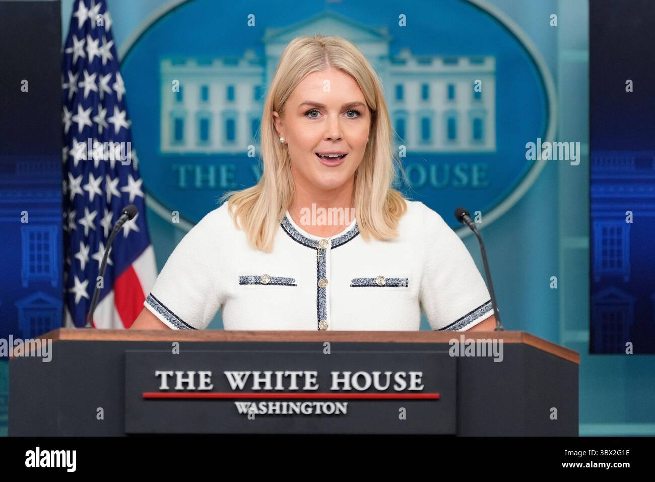 White House press secretary Karoline Leavitt speaks with reporters in