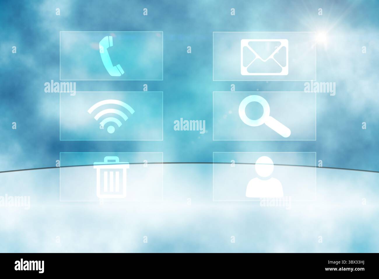 Translucent panels are floating on flat UI with communication and utility icons over cloudy sky. Futuristic, digital, abstraction, technology, interfa Stock Photo
