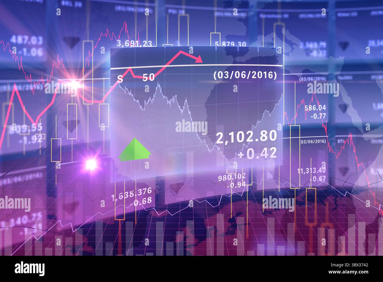 Flat-design stock dashboard is showing transparent panel with red line graph and candlestick bars. Finance, technology, data visualization, analytics, Stock Photo