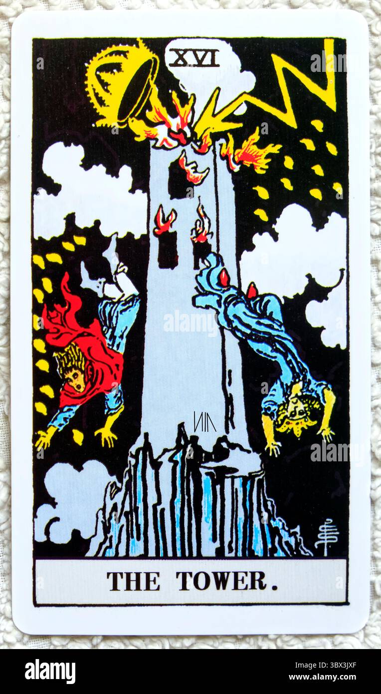 The Tower - number 16 - Individual Tarot card studio set up on textured ...