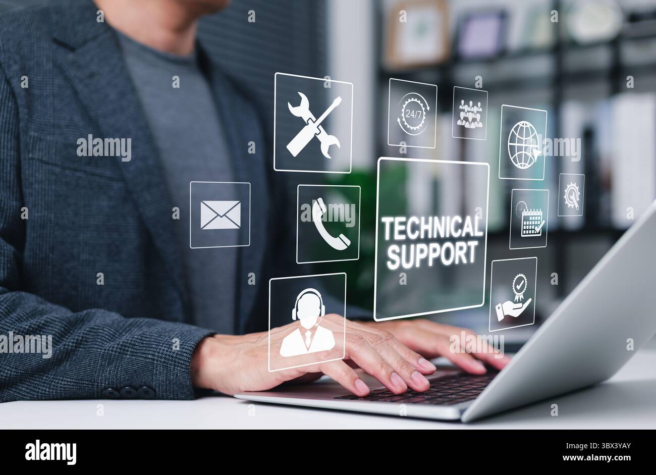 Technical support and customer service concept. Digital icon representing technical support, customer service, and 24-7 assistance. Business tech Stock Photo