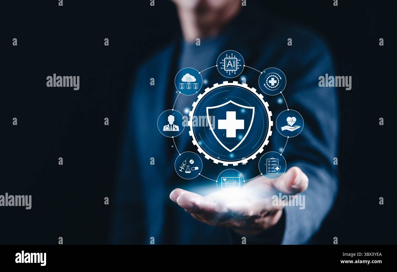 AI-Driven Healthcare and Medical Technology Concept. Medical shield icon representing AI powered healthcare, medical services, data protection, Stock Photo
