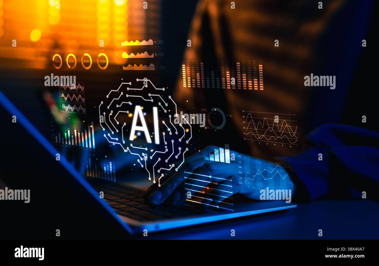 Business AI and Data Analytics Concept. Businessman analyzes enterprise data management by AI artificial intelligence technology. Big data analytics, Stock Photo