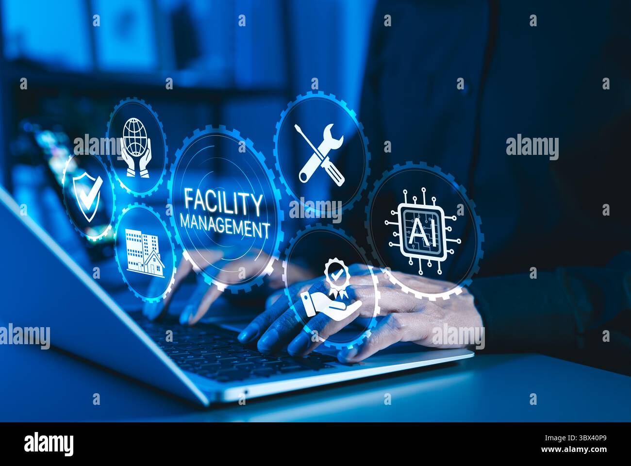 Facility Management and Digital Solutions Concept. Icons related to facility management, maintenance, AI, IoT, security, and optimization. integration Stock Photo