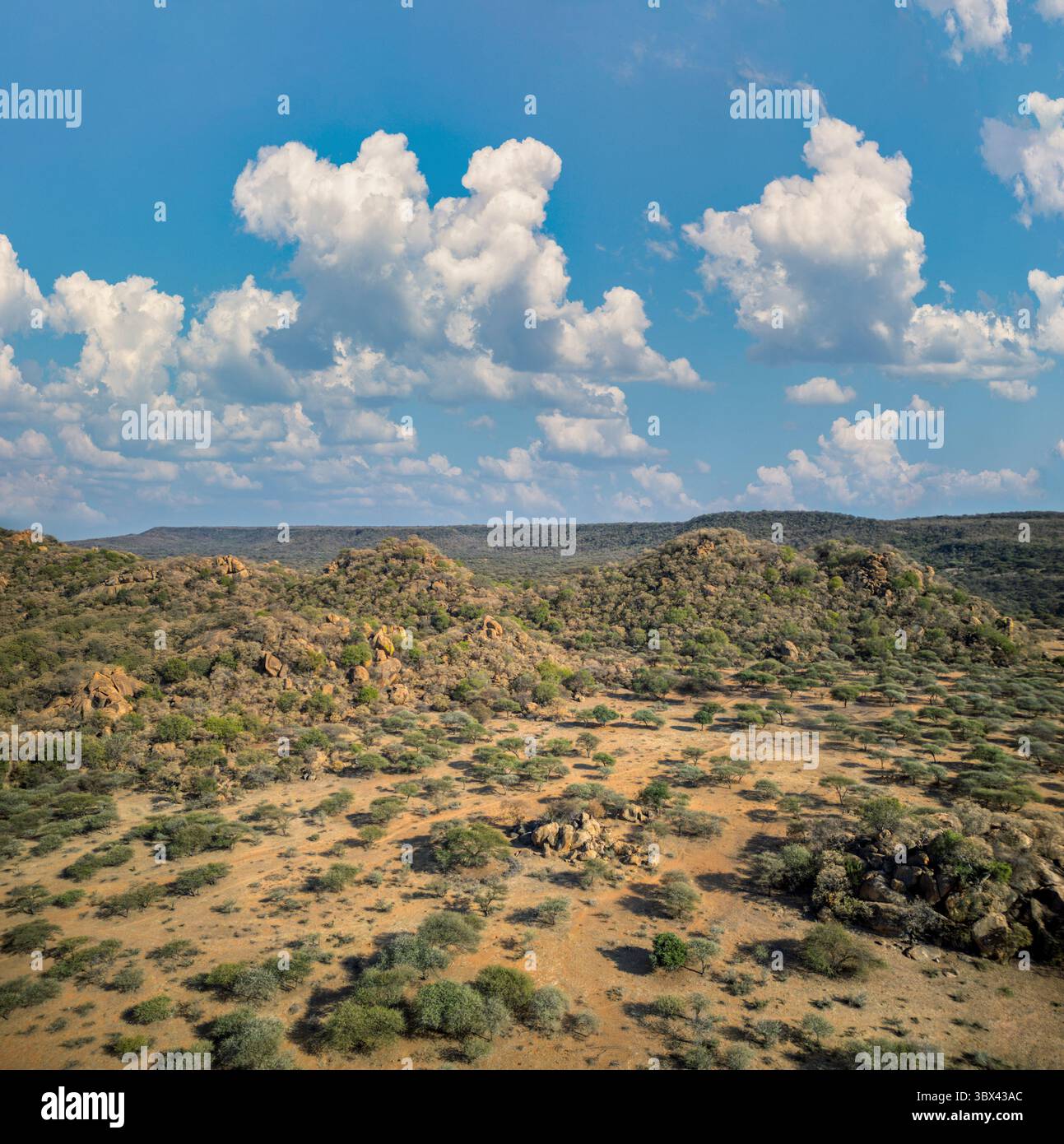 aerial view african landscape, mountain range and hills, savannah plain ...