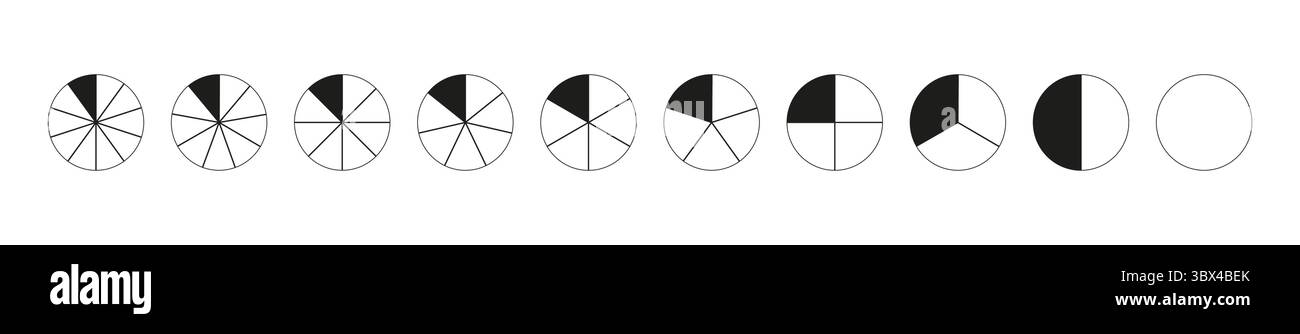 Circle division on 1, 2, 3, 4, 5, 6, 7, 8, 9, 10 equal parts. Wheel round divided diagrams with one, two, three, four, five, six, seven, eight, nine Stock Vector