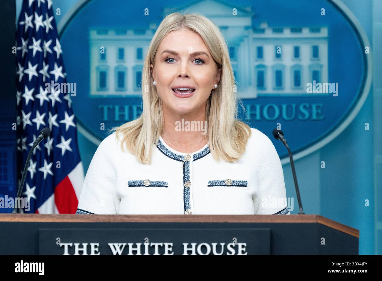 White House Press Secretary Karoline Leavitt speaking at a press