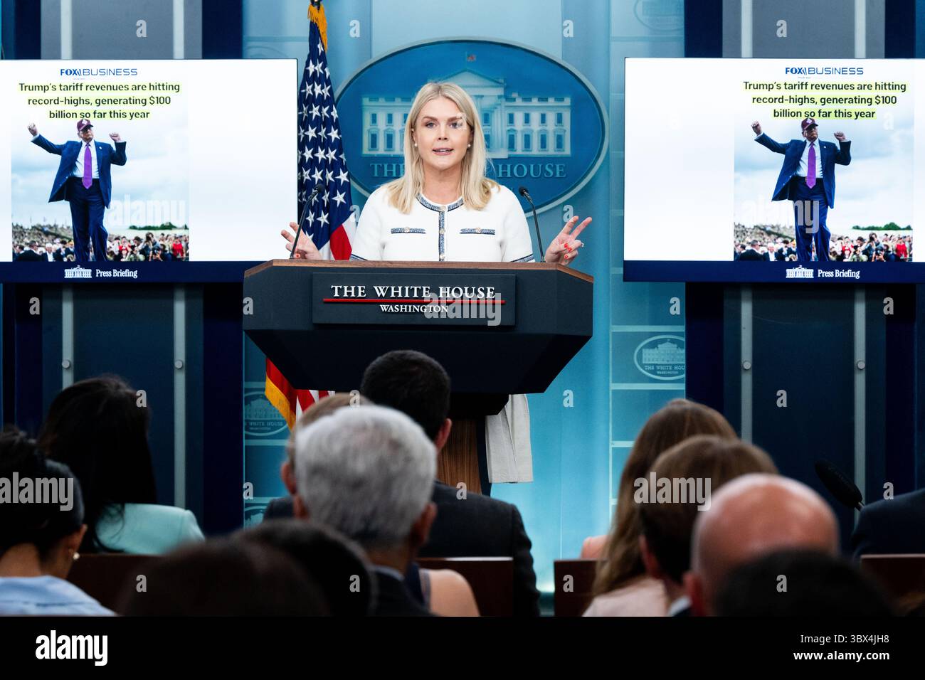 White House Press Secretary Karoline Leavitt speaking at a press