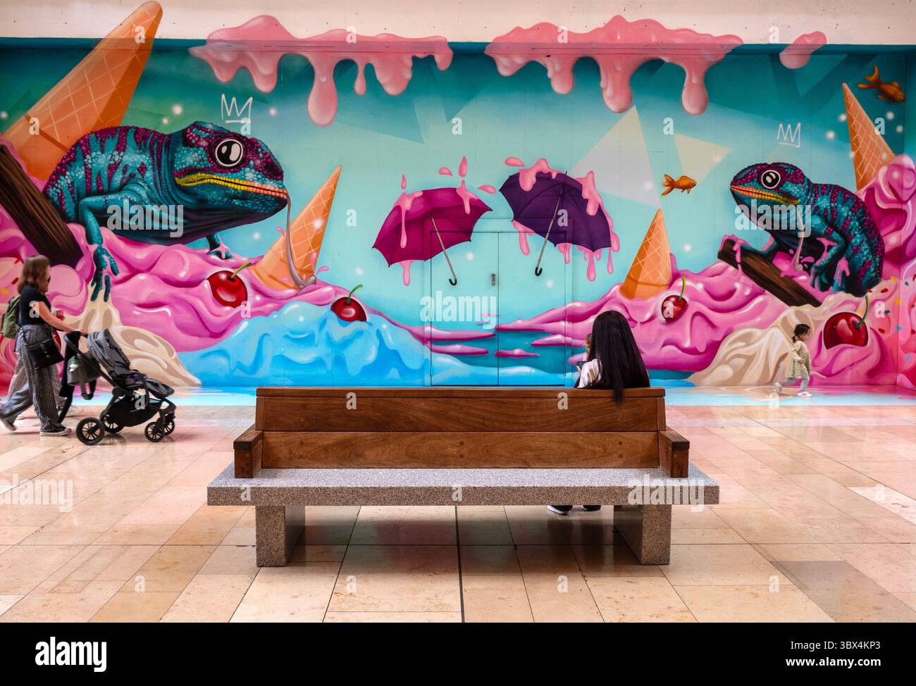 Peterbrough shopping center 17th July 2025;  movie star Paddingtington bear is one of the paintings,  Artists transformed vacant shop fronts into stunning mural.s  Cliff Norton Alamy live news Stock Photo