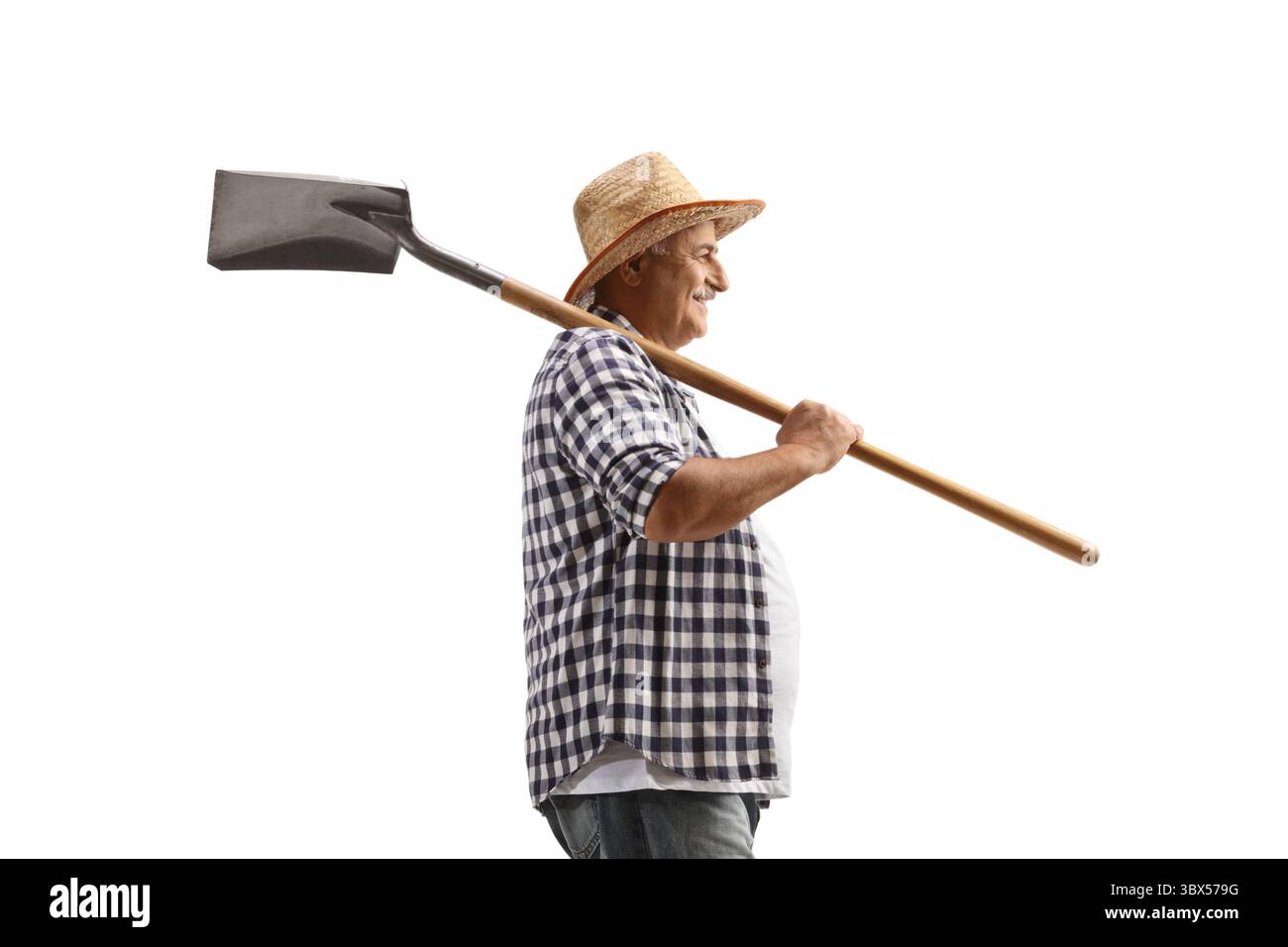 Mature farmer walking and carrying a shovel on his shoulder isolated on ...