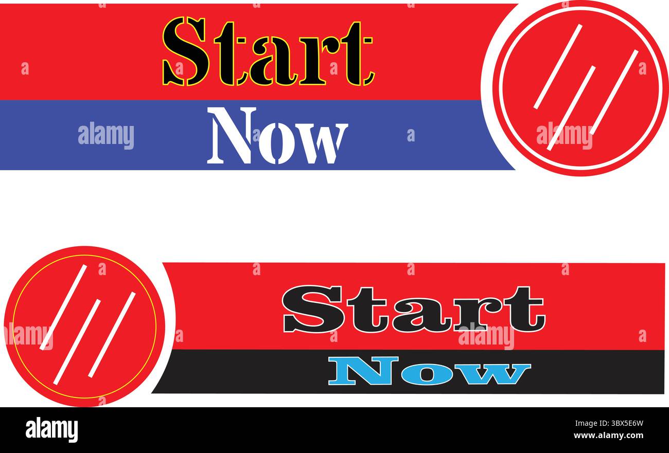 Red and blue start now button label vector design with alert bell icon ...