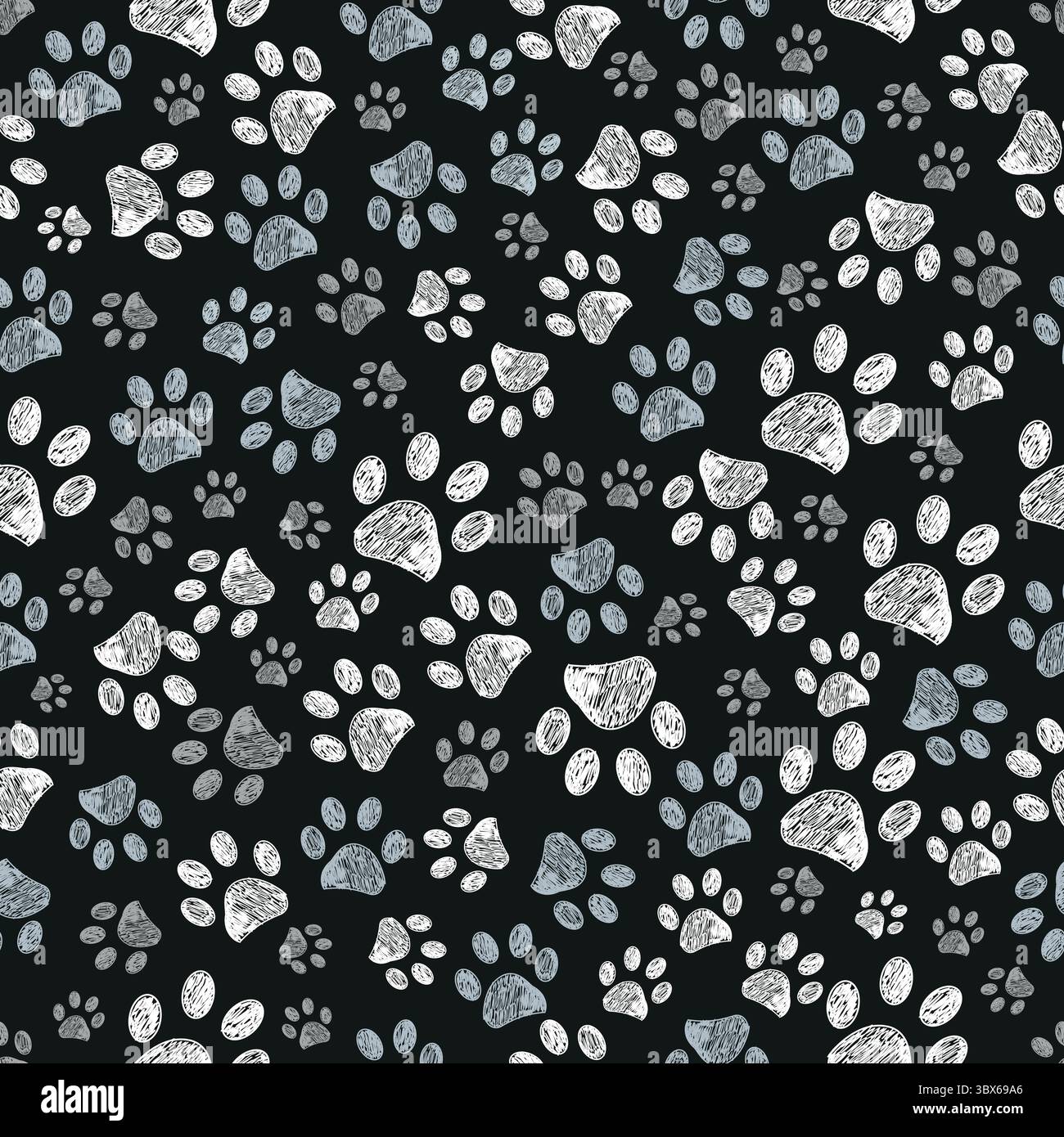 Grey colored doodle paw prints black background. Seamless fabric design pattern Stock Vector