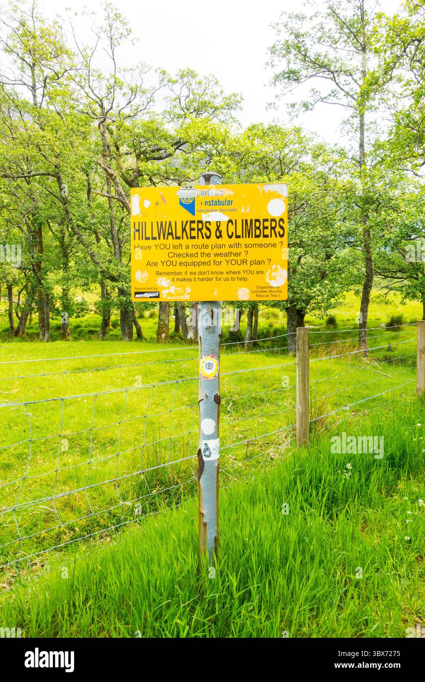Hillwalkers and climbers warning sign near the base of Ben Nevis at Glen Nevis, near Fort William, Scotland, UK. Stock Photo