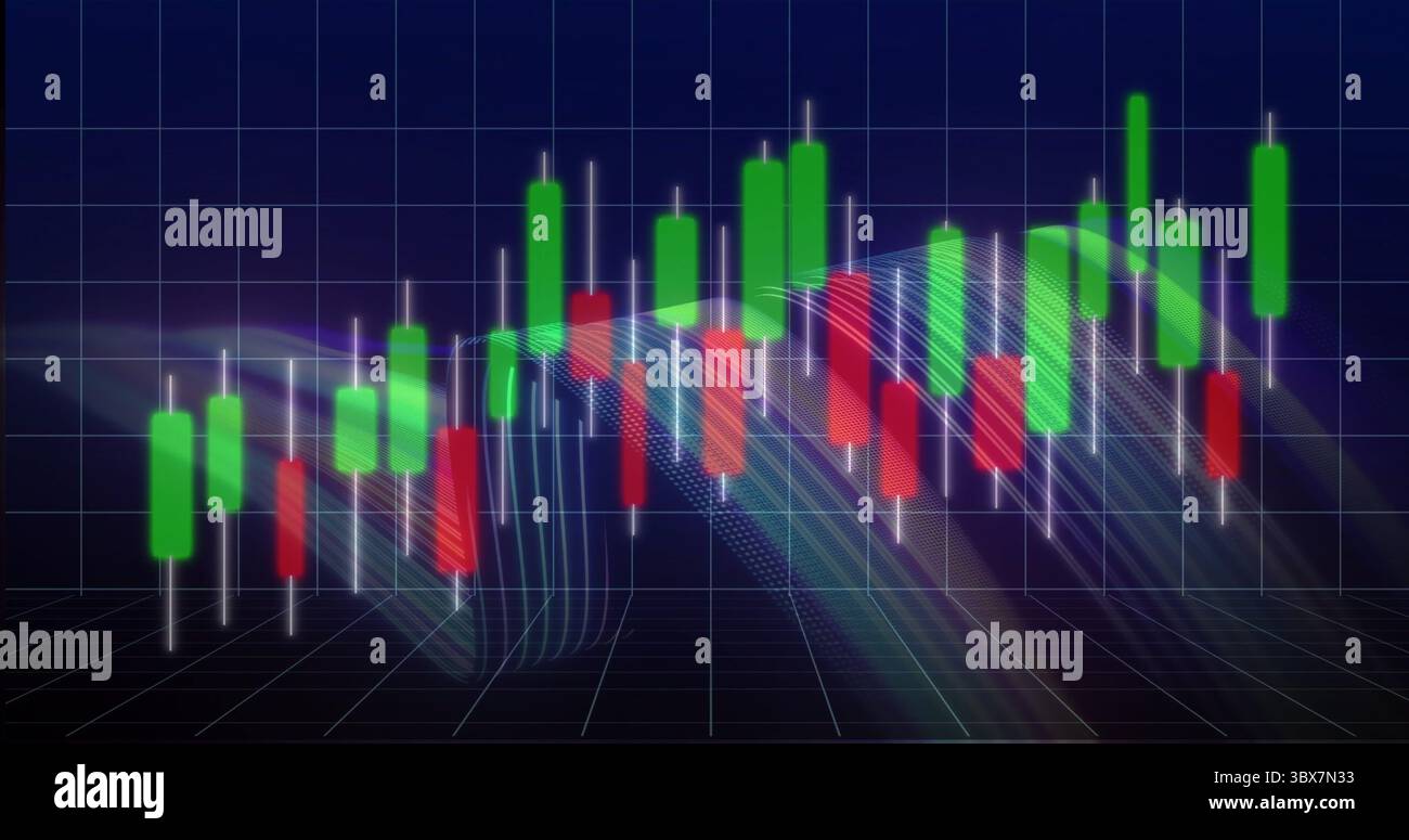 Showing red, green candlestick bars with white wicks moving on dark ...