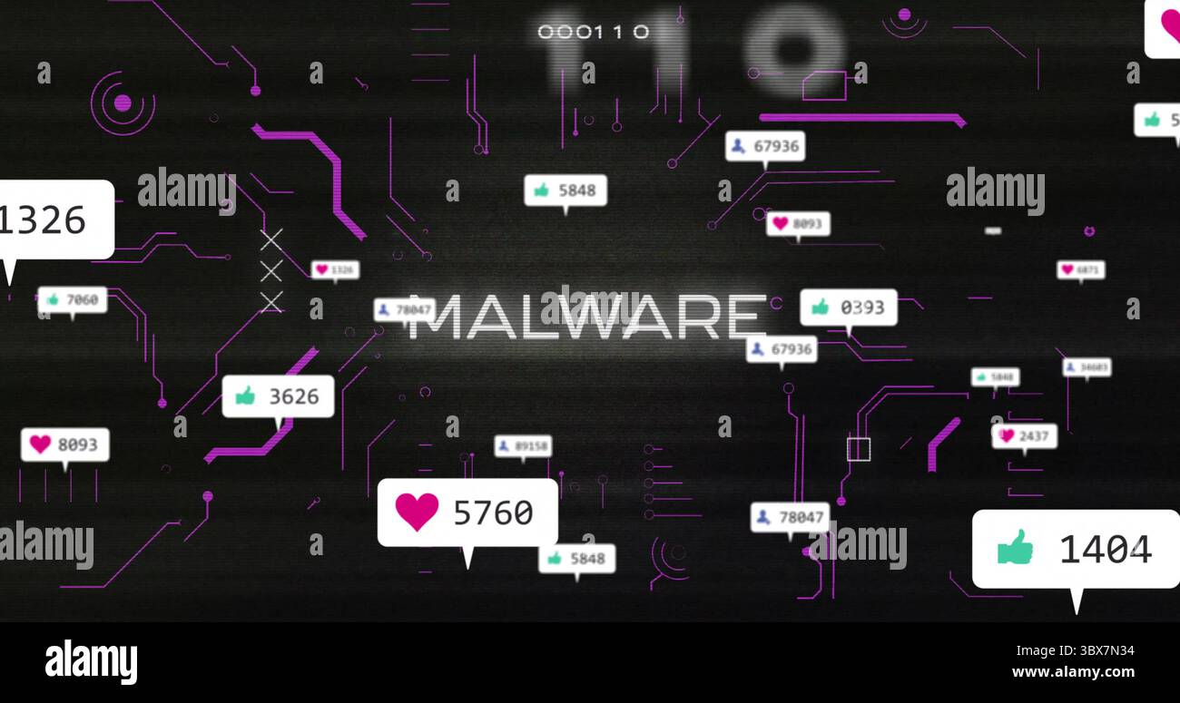 Displaying MALWARE text on digital interface, purple circuit patterns and social-media icon bubbles Stock Photo